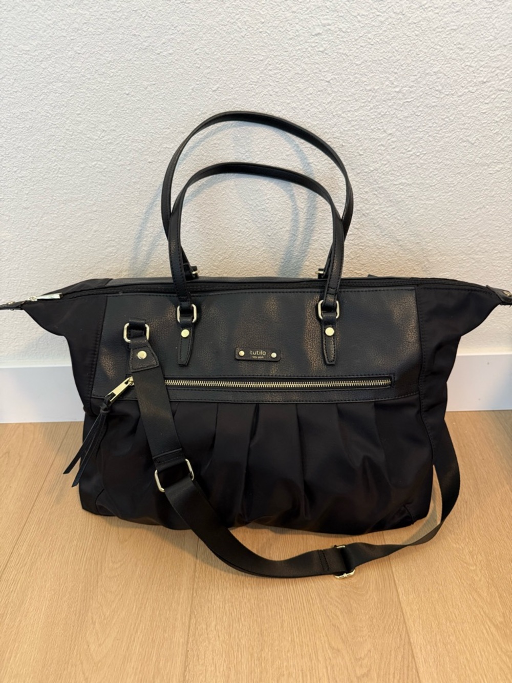 Tutilo Black Tote Bag Crossbody Satchel Nylon Faux Leather Large Travel Work Bag